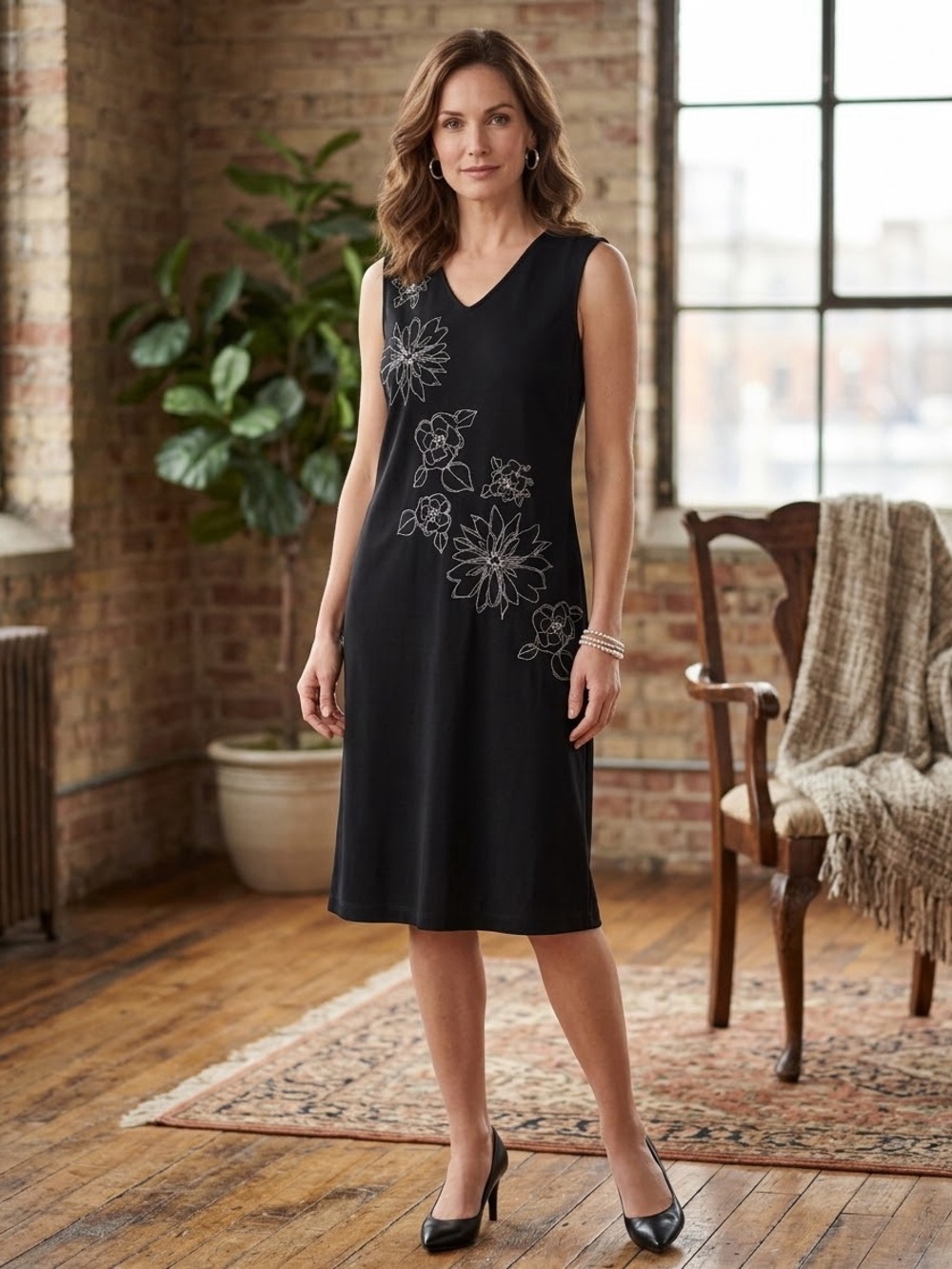 Van Heusen Black Sleeveless V-Neck Dress with White Floral Embroidery